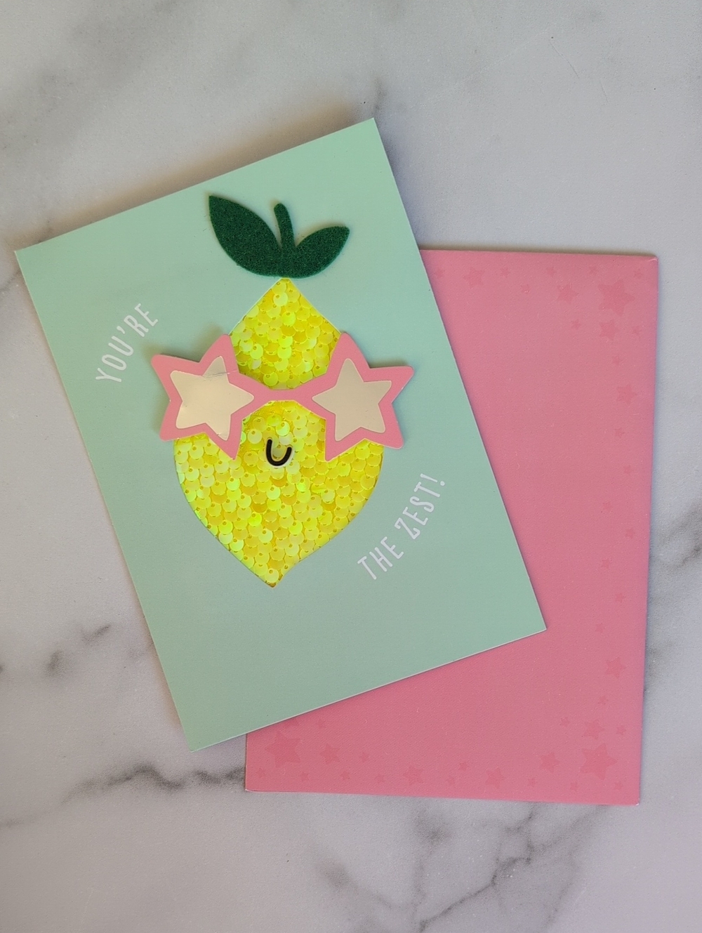 Cute Kids Lemon Sequin Card with Pink Star Sunglasses